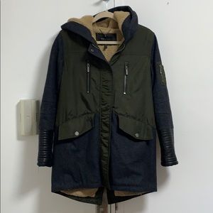 BCBG Maxazria Mixed Media olive hooded coat